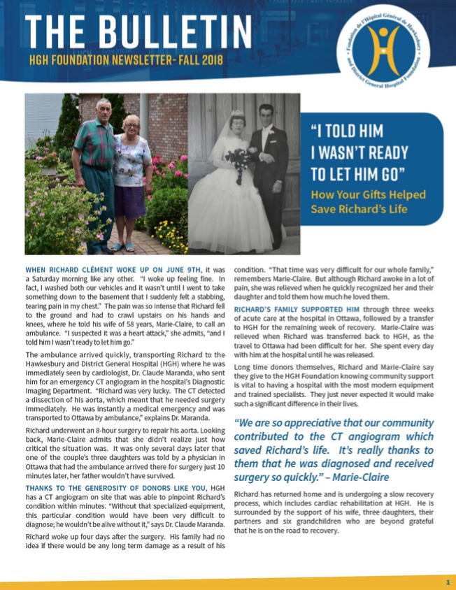 Cover page of Fall 2018 Newsletter featuring Marie-Claire and Richard Clément's story