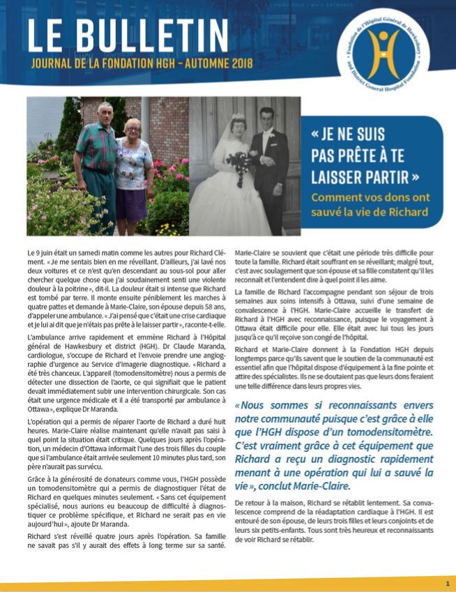 Page couverture Bulletin Automne 2018 présentant l'histoire de Marie-Claire et Richard Clément